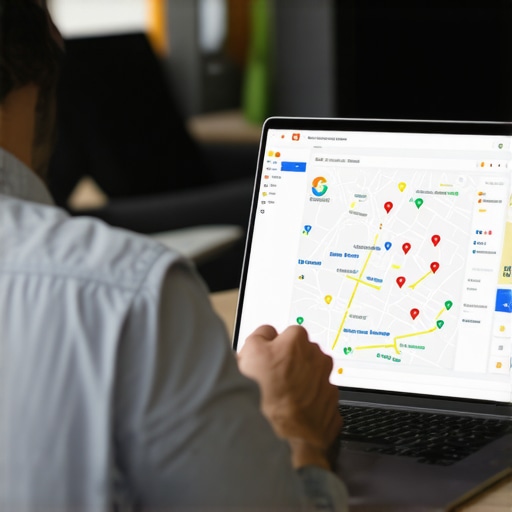 Business owner reviewing insights from Google Maps on a laptop, with maps and analytics charts