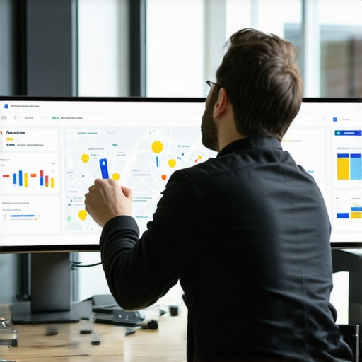 Business owner analyzing Google Maps data and local customer behavior insights in an office