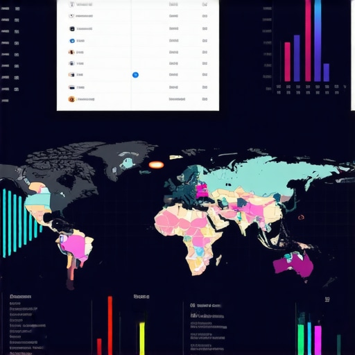 Digital marketing dashboard with maps analytics and customer engagement metrics.