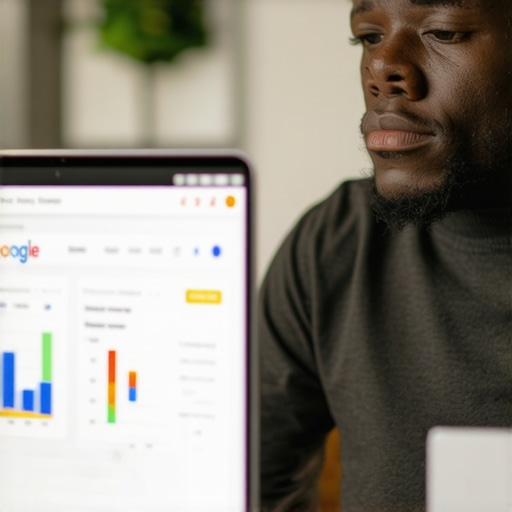 Business owner working on Google My Business profile with laptop and analytics charts