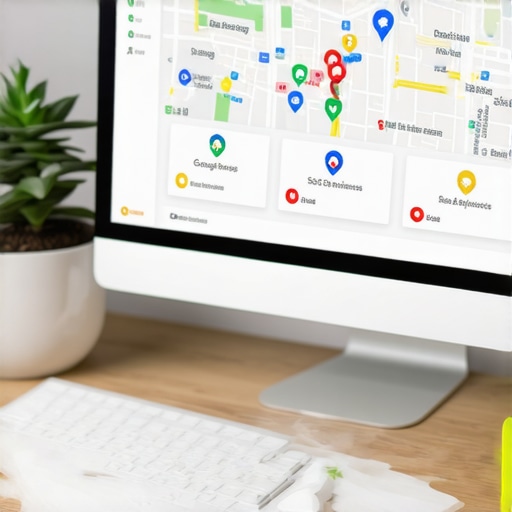 A workspace showing a computer screen with Google Maps and SEO analytics tools.
