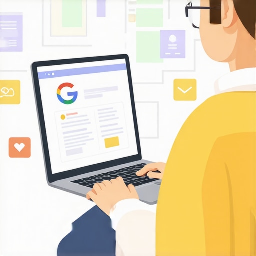 Business owner updating Google My Business profile on a laptop surrounded by marketing icons.