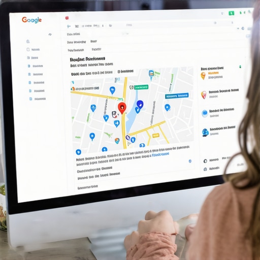 Business owner updating Google My Business profile on laptop, with maps and SEO icons.