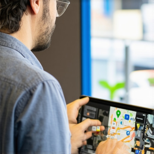 Business owner editing Google My Business profile on computer with new photos and details.