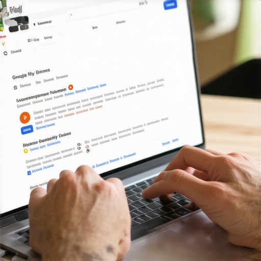 Business owner updating Google My Business profile on laptop showing local search results.