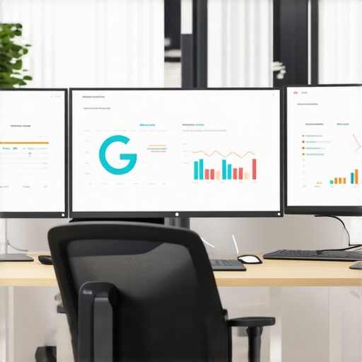 A desk setup with screens showing Google Maps data and local SEO dashboards.