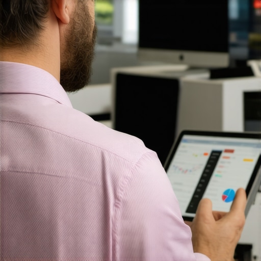 Business owner analyzing local SEO metrics on a tablet at a modern office