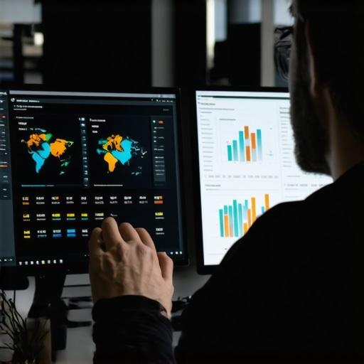 A digital marketer reviewing SEO analytics on multiple monitors showing maps and graphs.