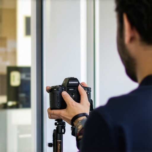 Business owner taking photos of storefront for Google Maps profile.