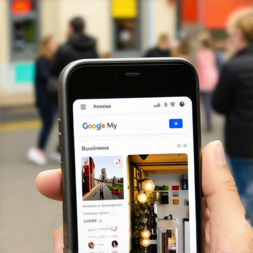 A smartphone displaying a well-optimized Google My Business profile with reviews and photos, representing local SEO success.