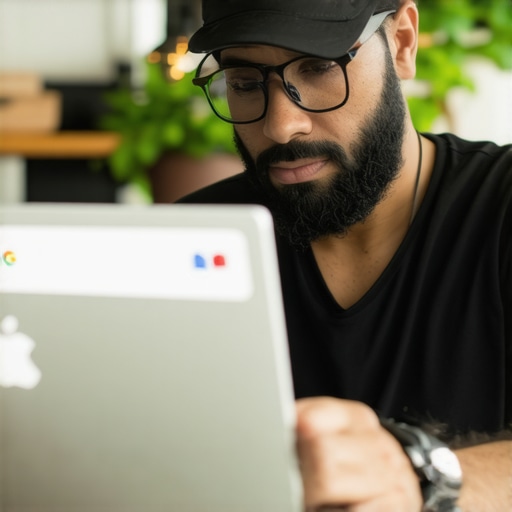 Business owner enhancing GMB listing with photos and info on a laptop, showing local SEO efforts.