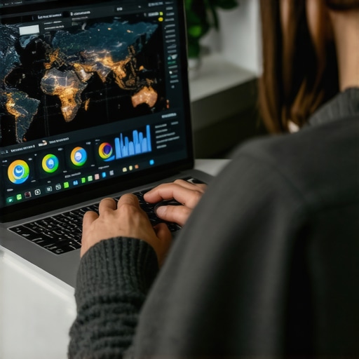 Person analyzing data dashboards and maps to optimize local SEO efforts.