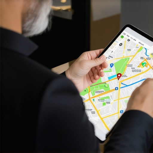 Business owner analyzing local neighborhood map and analytics on tablet.