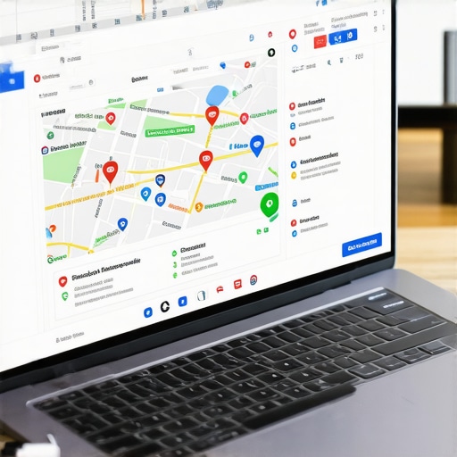 Business owner working on Google Maps profile with visuals and analytics on a laptop.