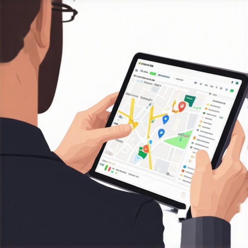 A business owner reviewing local map data and analytics on a tablet to improve SEO and lead quality.