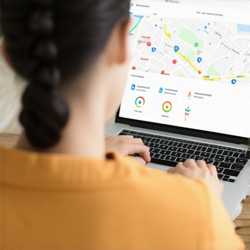 Person analyzing maps and SEO analytics on a laptop to maintain local marketing success.