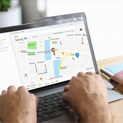Person updating a Google Maps business listing on a laptop with map interface.